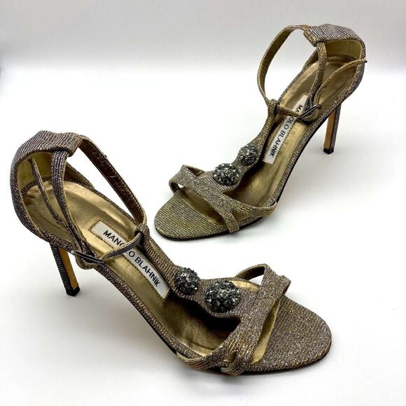 Manolo Blahnik Dixie Metallic T-Strap  Heels Sandals Size 35,5 Made in Italy - Picture 8 of 14